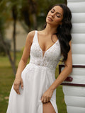 A-Line/Princess Chiffon Lace V-neck Sleeveless Sweep/Brush Train Wedding Dresses Bridal Gowns
