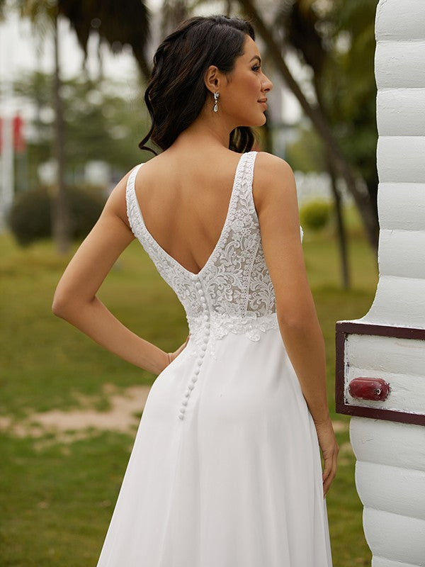 A-Line/Princess Chiffon Lace V-neck Sleeveless Sweep/Brush Train Wedding Dresses Bridal Gowns