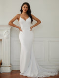 Sheath/Column Stretch Crepe Lace V-neck Sleeveless Court Train Wedding Dresses Bridal Gowns