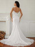 Sheath/Column Stretch Crepe Lace V-neck Sleeveless Court Train Wedding Dresses Bridal Gowns