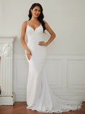 Sheath/Column Stretch Crepe Lace V-neck Sleeveless Court Train Wedding Dresses Bridal Gowns