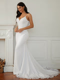 Sheath/Column Stretch Crepe Lace V-neck Sleeveless Court Train Wedding Dresses Bridal Gowns