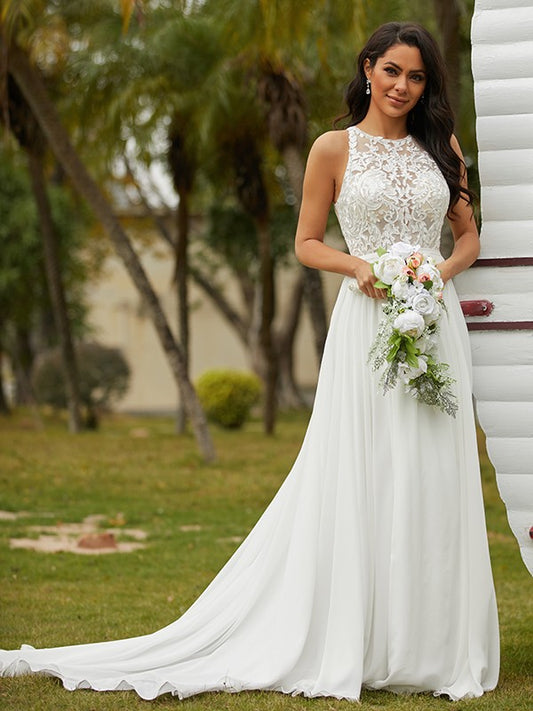 A-Line/Princess Chiffon Lace Scoop Sleeveless Sweep/Brush Train Wedding Dresses Bridal Gowns