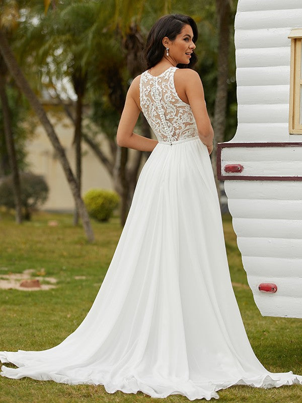 A-Line/Princess Chiffon Lace Scoop Sleeveless Sweep/Brush Train Wedding Dresses Bridal Gowns