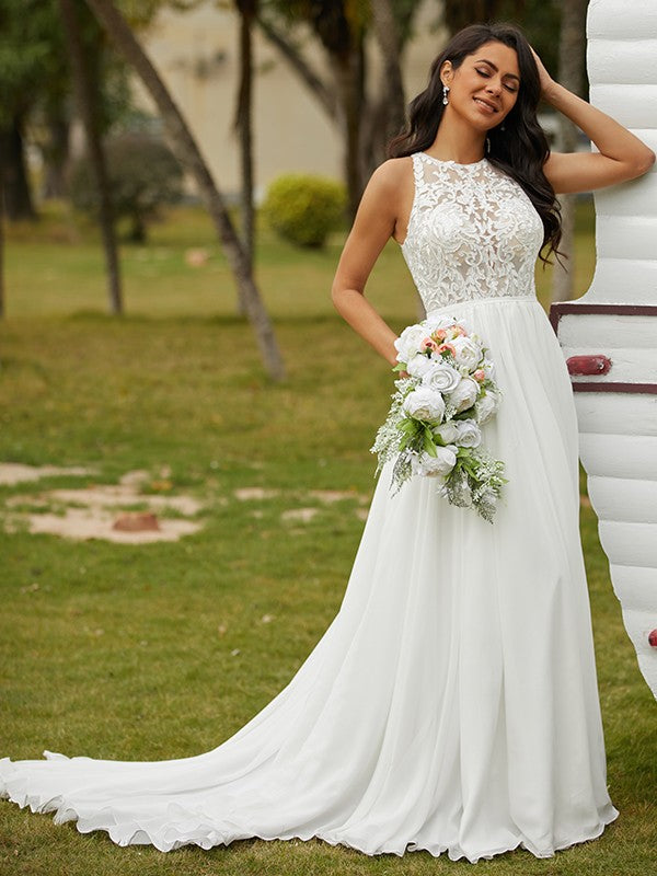 A-Line/Princess Chiffon Lace Scoop Sleeveless Sweep/Brush Train Wedding Dresses Bridal Gowns