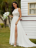 A-Line/Princess Chiffon Lace Scoop Sleeveless Sweep/Brush Train Wedding Dresses Bridal Gowns