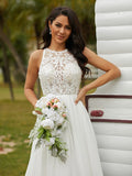 A-Line/Princess Chiffon Lace Scoop Sleeveless Sweep/Brush Train Wedding Dresses Bridal Gowns