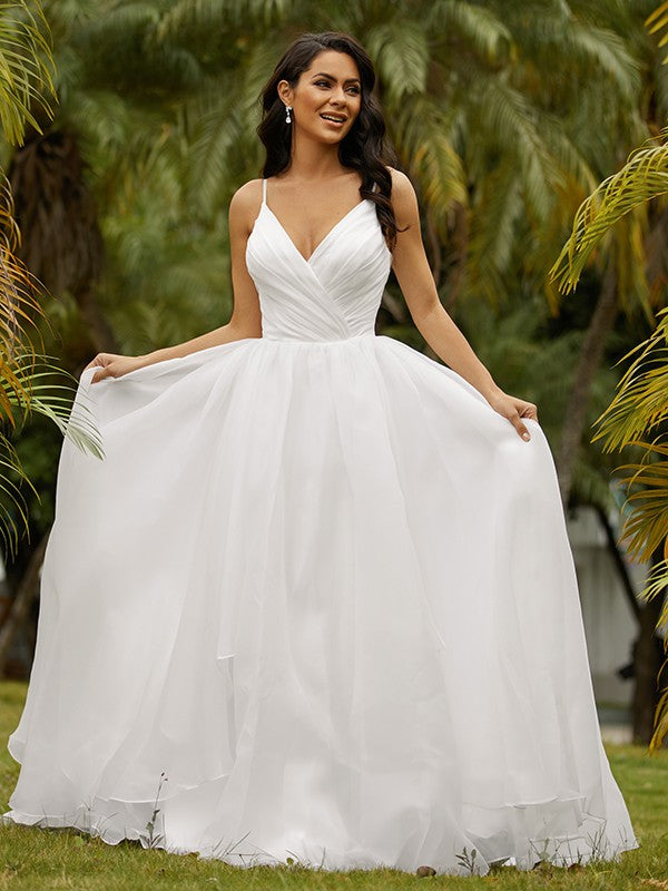 Ballkleid Rüschen V-Ausschnitt Ärmellos Hofschleppe Brautkleider Brautkleider
