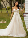 A-Line/Princess Tulle Applique Off-the-Shoulder Sleeveless Chapel Train Wedding Dresses Bridal Gowns