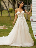 A-Line/Princess Tulle Applique Off-the-Shoulder Sleeveless Chapel Train Wedding Dresses Bridal Gowns