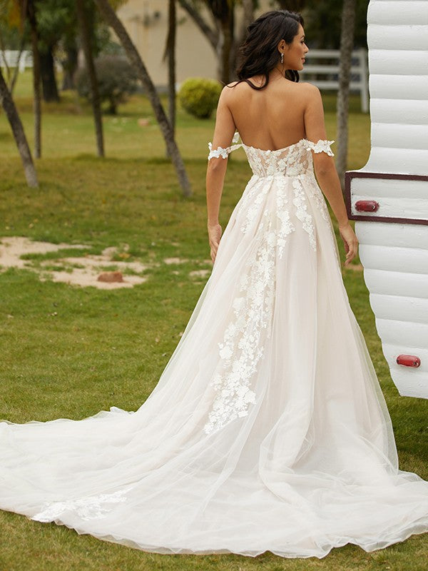 A-Line/Princess Tulle Applique Off-the-Shoulder Sleeveless Chapel Train Wedding Dresses Bridal Gowns
