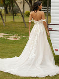 A-Line/Princess Tulle Applique Off-the-Shoulder Sleeveless Chapel Train Wedding Dresses Bridal Gowns