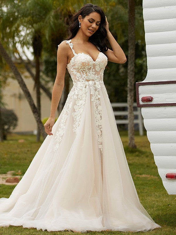 A-Line/Princess Tulle Applique Off-the-Shoulder Sleeveless Chapel Train Wedding Dresses Bridal Gowns