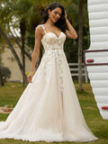 A-Line/Princess Tulle Applique Off-the-Shoulder Sleeveless Chapel Train Wedding Dresses Bridal Gowns