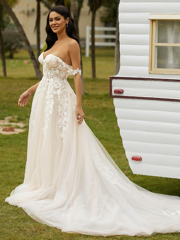 A-Line/Princess Tulle Applique Off-the-Shoulder Sleeveless Chapel Train Wedding Dresses Bridal Gowns