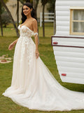 A-Line/Princess Tulle Applique Off-the-Shoulder Sleeveless Chapel Train Wedding Dresses Bridal Gowns