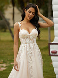 A-Line/Princess Tulle Applique Off-the-Shoulder Sleeveless Chapel Train Wedding Dresses Bridal Gowns