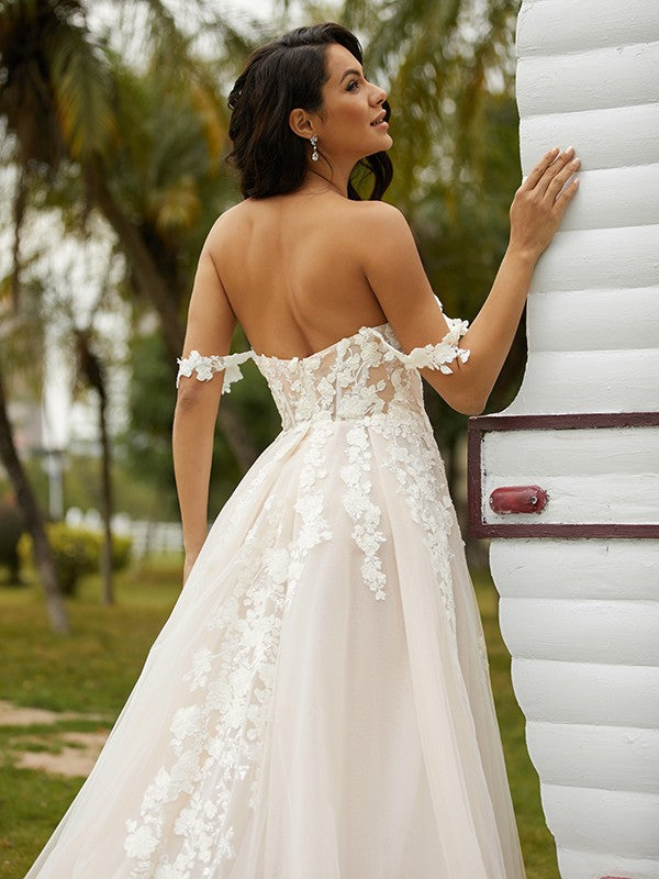 A-Line/Princess Tulle Applique Off-the-Shoulder Sleeveless Chapel Train Wedding Dresses Bridal Gowns