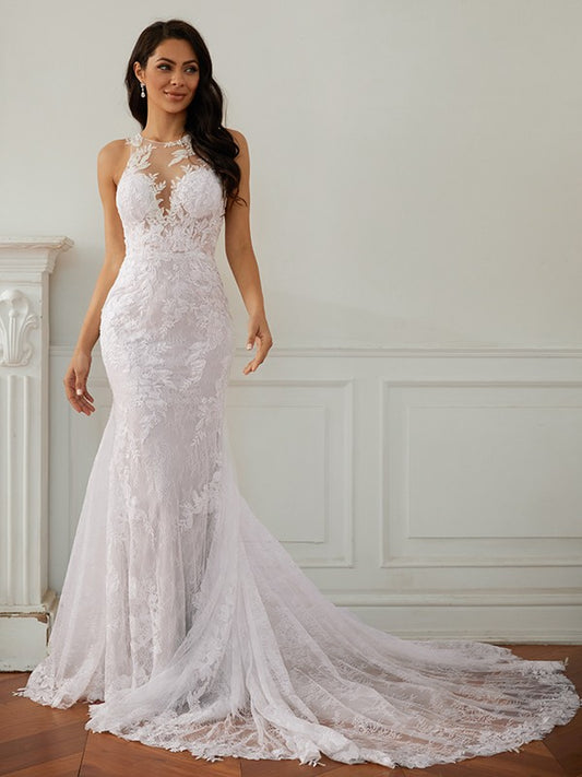 Sheath/Column Lace Scoop Sleeveless Court Train Wedding Dresses Bridal Gowns
