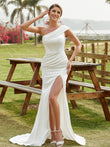 Sheath/Column Charmeuse Ruched One-Shoulder Sleeveless Court Train Wedding Dresses Bridal Gowns