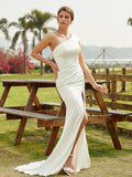 Sheath/Column Charmeuse Ruched One-Shoulder Sleeveless Court Train Wedding Dresses Bridal Gowns