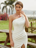 Sheath/Column Charmeuse Ruched One-Shoulder Sleeveless Court Train Wedding Dresses Bridal Gowns