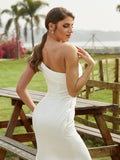 Sheath/Column Charmeuse Ruched One-Shoulder Sleeveless Court Train Wedding Dresses Bridal Gowns