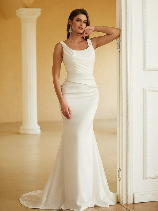 Sheath/Column Charmeuse Ruched Straps Sleeveless Sweep/Brush Train Wedding Dresses Bridal Gowns