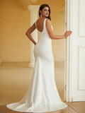 Sheath/Column Charmeuse Ruched Straps Sleeveless Sweep/Brush Train Wedding Dresses Bridal Gowns