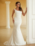 Sheath/Column Charmeuse Ruched Straps Sleeveless Sweep/Brush Train Wedding Dresses Bridal Gowns