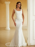 Sheath/Column Charmeuse Ruched Straps Sleeveless Sweep/Brush Train Wedding Dresses Bridal Gowns