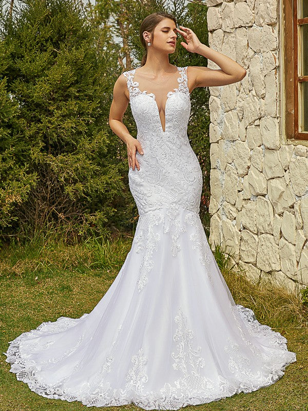 Trumpet/Mermaid Tulle Lace Scoop Sleeveless Court Train Wedding Dresses Bridal Gowns