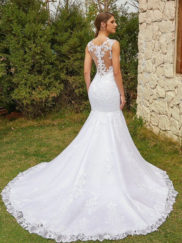 Trumpet/Mermaid Tulle Lace Scoop Sleeveless Court Train Wedding Dresses Bridal Gowns