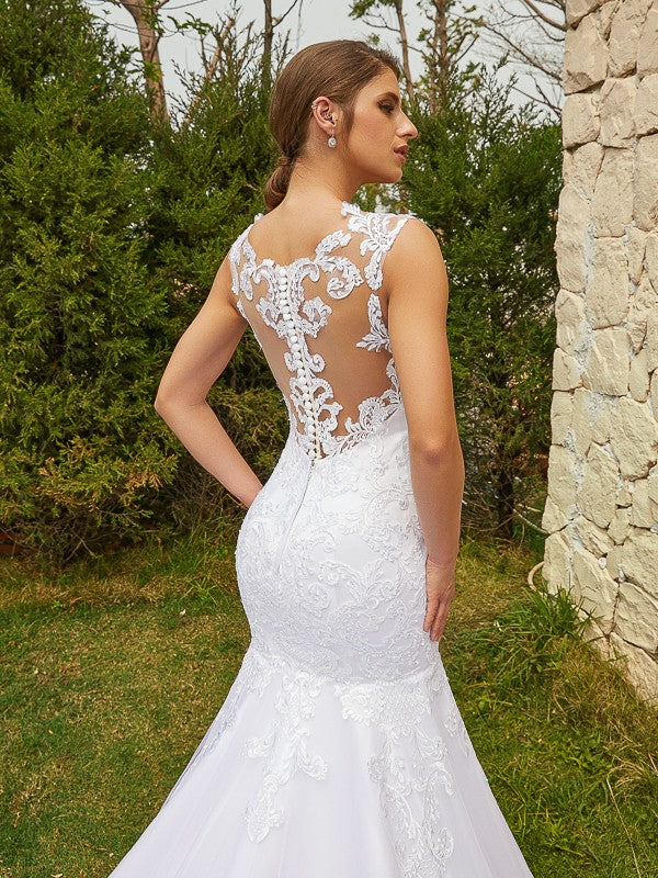 Trumpet/Mermaid Tulle Lace Scoop Sleeveless Court Train Wedding Dresses Bridal Gowns