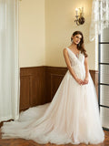 A-Line/Princess Tulle Applique V-neck Sleeveless Cathedral Train Wedding Dresses Bridal Gowns
