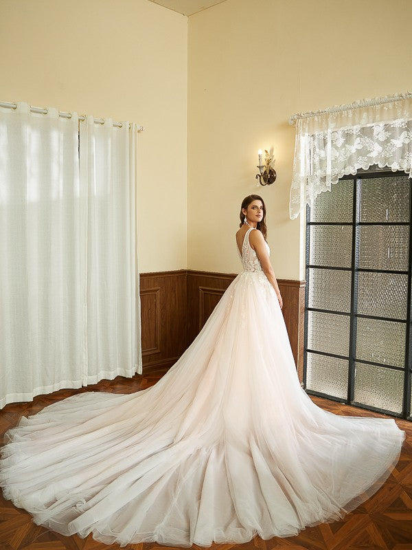 A-Line/Princess Tulle Applique V-neck Sleeveless Cathedral Train Wedding Dresses Bridal Gowns