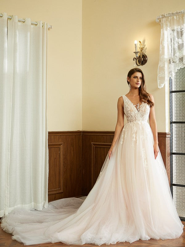 A-Line/Princess Tulle Applique V-neck Sleeveless Cathedral Train Wedding Dresses Bridal Gowns