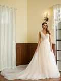 A-Line/Princess Tulle Applique V-neck Sleeveless Cathedral Train Wedding Dresses Bridal Gowns