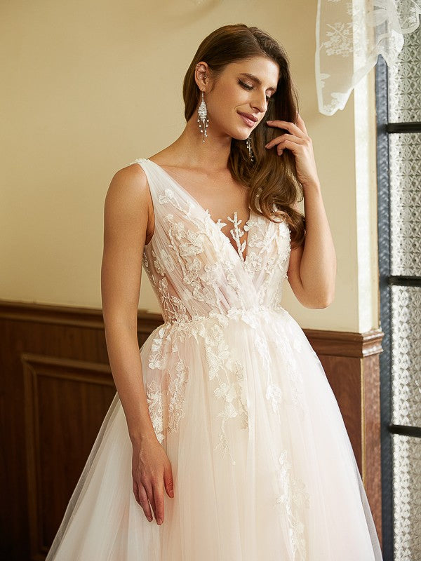 A-Line/Princess Tulle Applique V-neck Sleeveless Cathedral Train Wedding Dresses Bridal Gowns
