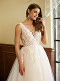 A-Line/Princess Tulle Applique V-neck Sleeveless Cathedral Train Wedding Dresses Bridal Gowns