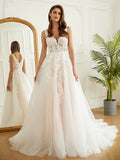 A-Line/Princess Tulle Applique V-neck Sleeveless Chapel Train Wedding Dresses Bridal Gowns