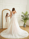 A-Line/Princess Tulle Applique V-neck Sleeveless Chapel Train Wedding Dresses Bridal Gowns
