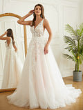 A-Line/Princess Tulle Applique V-neck Sleeveless Chapel Train Wedding Dresses Bridal Gowns