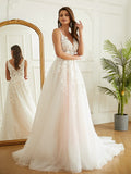 A-Line/Princess Tulle Applique V-neck Sleeveless Chapel Train Wedding Dresses Bridal Gowns