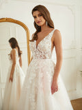 A-Line/Princess Tulle Applique V-neck Sleeveless Chapel Train Wedding Dresses Bridal Gowns