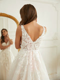 A-Line/Princess Tulle Applique V-neck Sleeveless Chapel Train Wedding Dresses Bridal Gowns