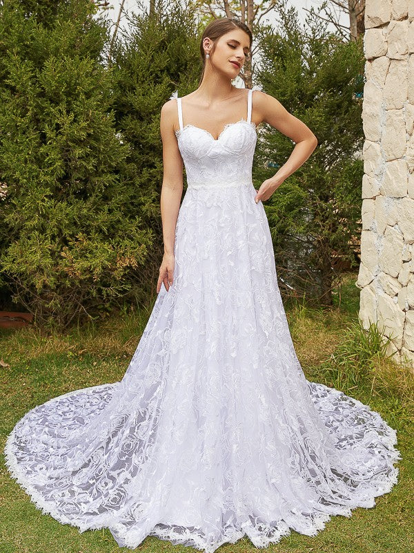 A-Line/Princess Lace Spaghetti Straps Sleeveless Chapel Train Wedding Dresses Bridal Gowns