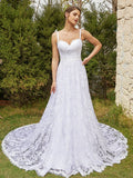 A-Line/Princess Lace Spaghetti Straps Sleeveless Chapel Train Wedding Dresses Bridal Gowns