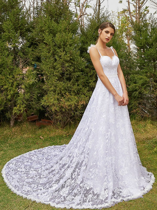 A-Line/Princess Lace Spaghetti Straps Sleeveless Chapel Train Wedding Dresses Bridal Gowns