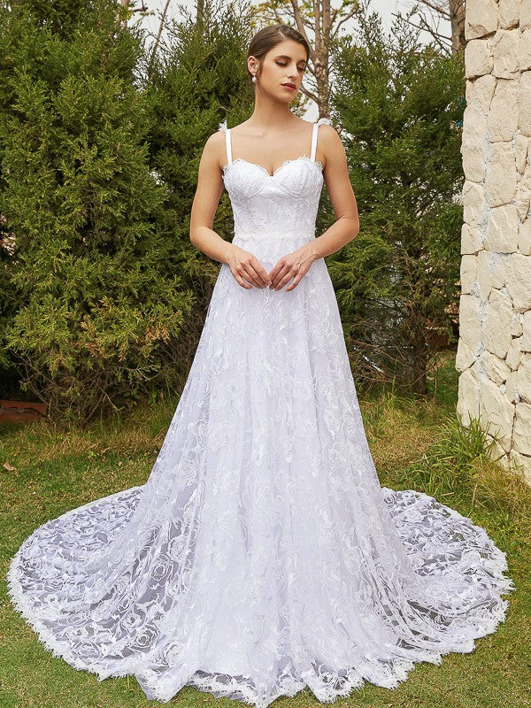 A-Line/Princess Lace Spaghetti Straps Sleeveless Chapel Train Wedding Dresses Bridal Gowns